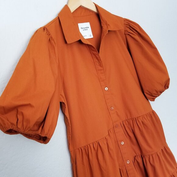 Abercrombie & Fitch Burnt Orange Poplin Puff Sleeve Button Down Tiered Dress S - Picture 7 of 16
